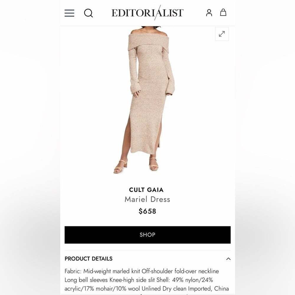 cult gaia Tan Off-Shoulder Ribbed Knit Midi Dress- Sz S
